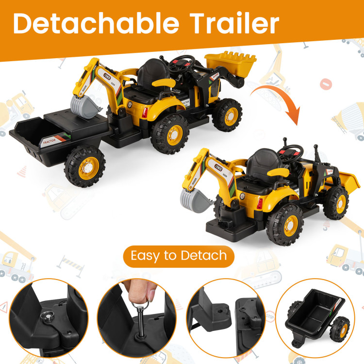 12V Electric Construction Vehicle 4 in 1 Ride on Tractor Excavator & Bulldozer for Kids-Yellow - Gallery View 3 of 20