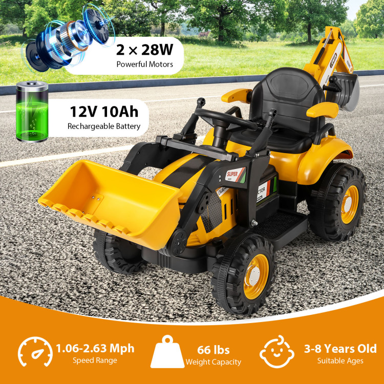 12V Electric Construction Vehicle 4 in 1 Ride on Tractor Excavator & Bulldozer for Kids-Yellow - Gallery View 10 of 20