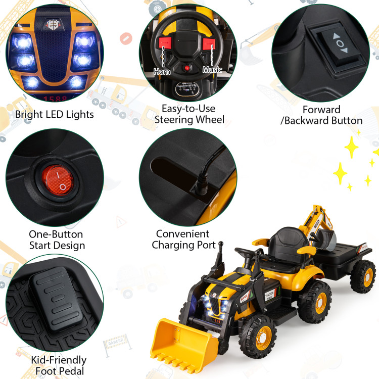 12V Electric Construction Vehicle 4 in 1 Ride on Tractor Excavator & Bulldozer for Kids-Yellow - Gallery View 13 of 20