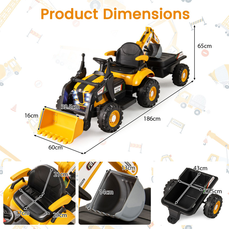 12V Electric Construction Vehicle 4 in 1 Ride on Tractor Excavator & Bulldozer for Kids-Yellow - Gallery View 15 of 20